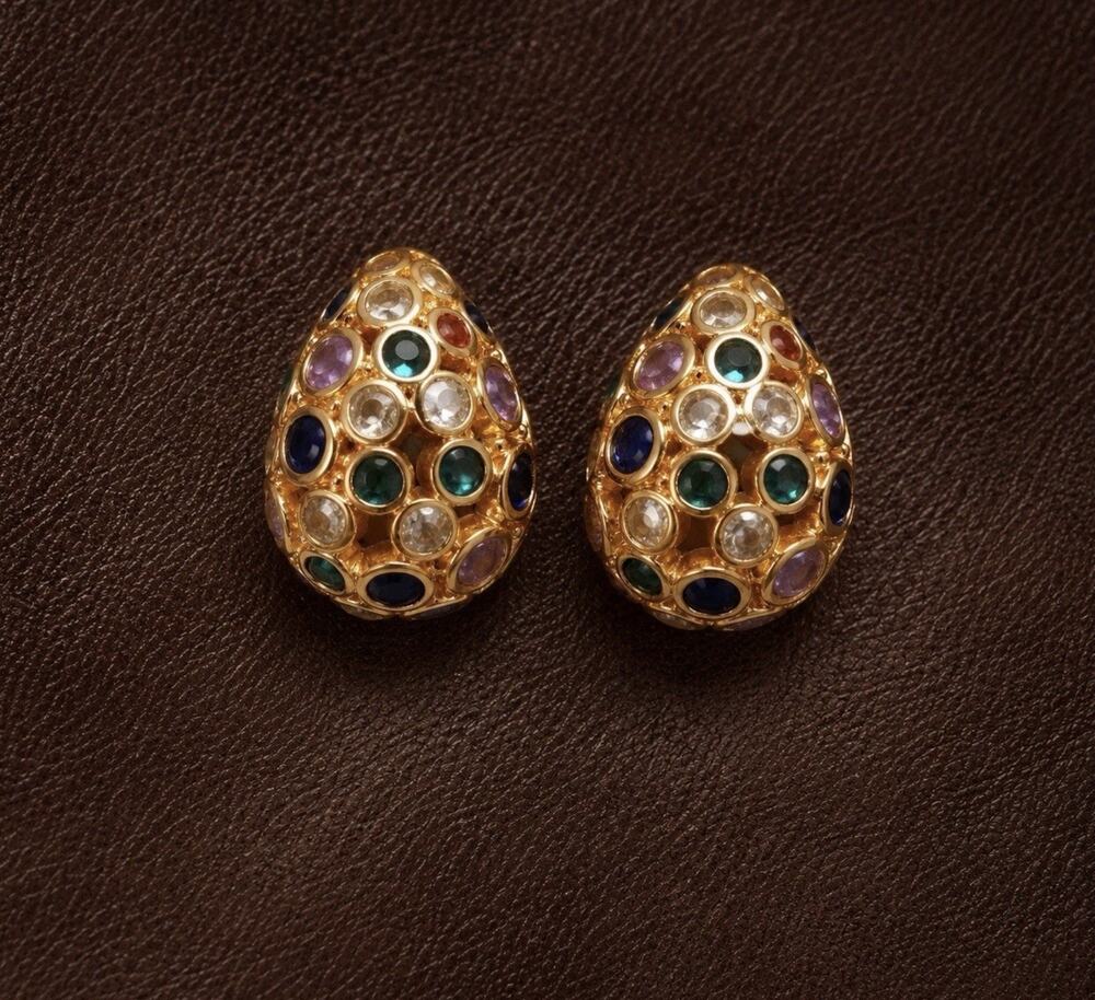 Byzantine Mosaic Cabochon Earrings Gold Stud CZ Gemstone Museum Boho VTG Runway